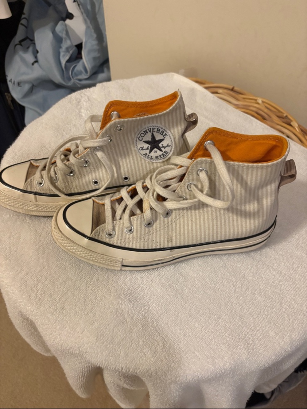 Converse High Top Sneakers - Cream pinstripes with Orange Interior